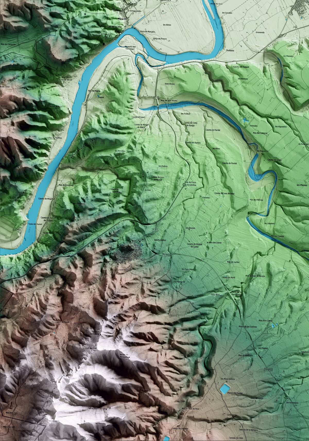 Mapa artístico del relieve de Ginestar, a la Ribera de Ebro, con 15 km de entorno y base topográfica ICGC. Detalle de la zona inferior izquierda.
