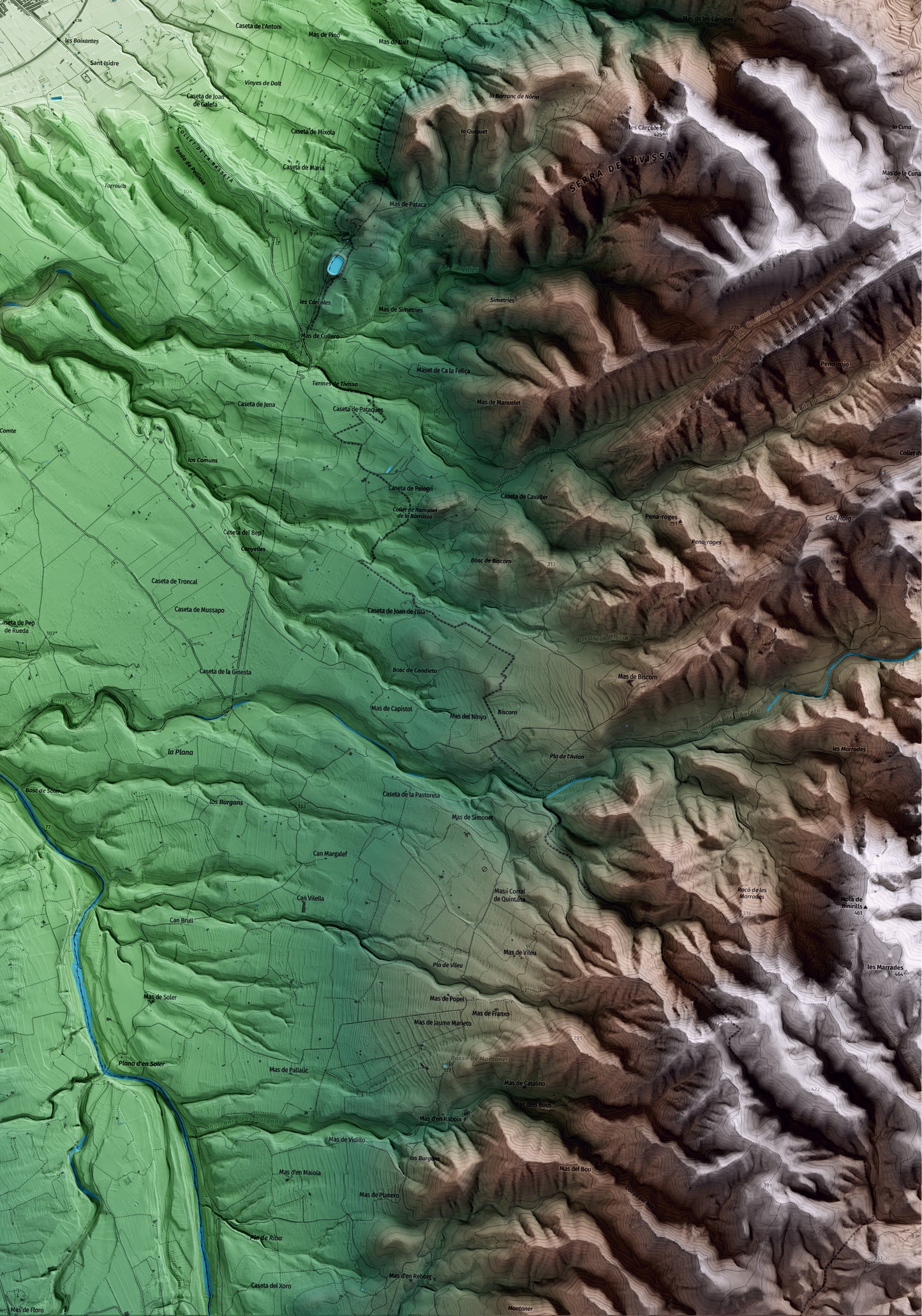 Mapa artístico del relieve de Ginestar, a la Ribera de Ebro, con 15 km de entorno y base topográfica ICGC. Detalle de la zona inferior derecha.