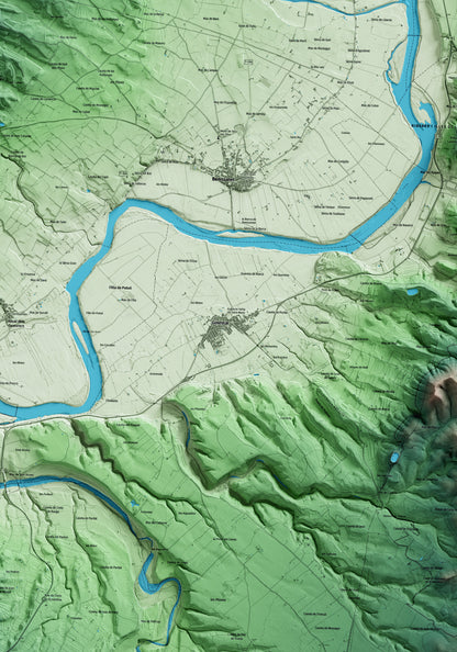 Mapa artístico del relieve de Ginestar, a la Ribera de Ebro, con 15 km de entorno y base topográfica ICGC. Detalle de la zona central.