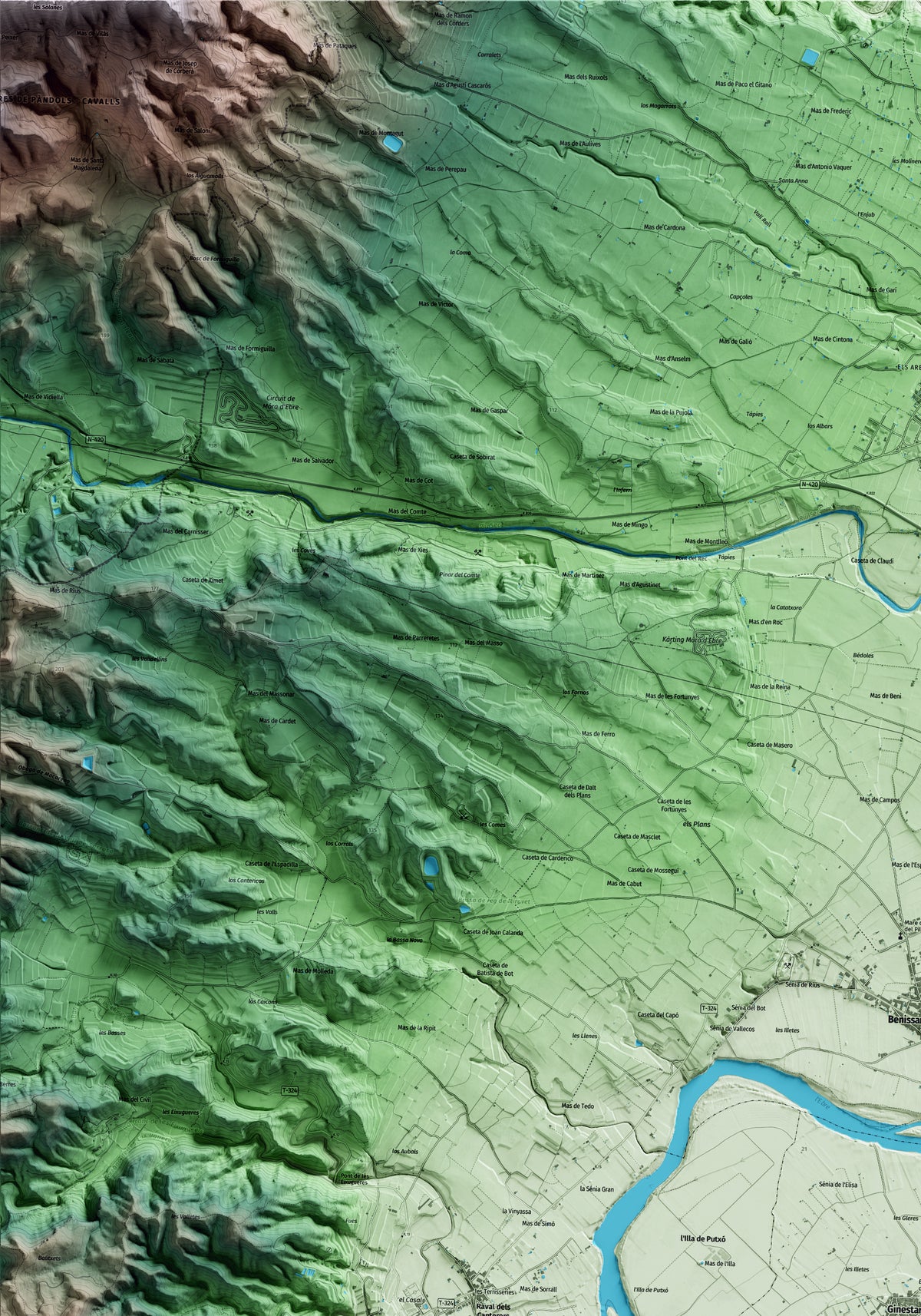 Mapa artístico del relieve de Ginestar, a la Ribera de Ebro, con 15 km de entorno y base topográfica ICGC. Detalle de la zona superior izquierda.
