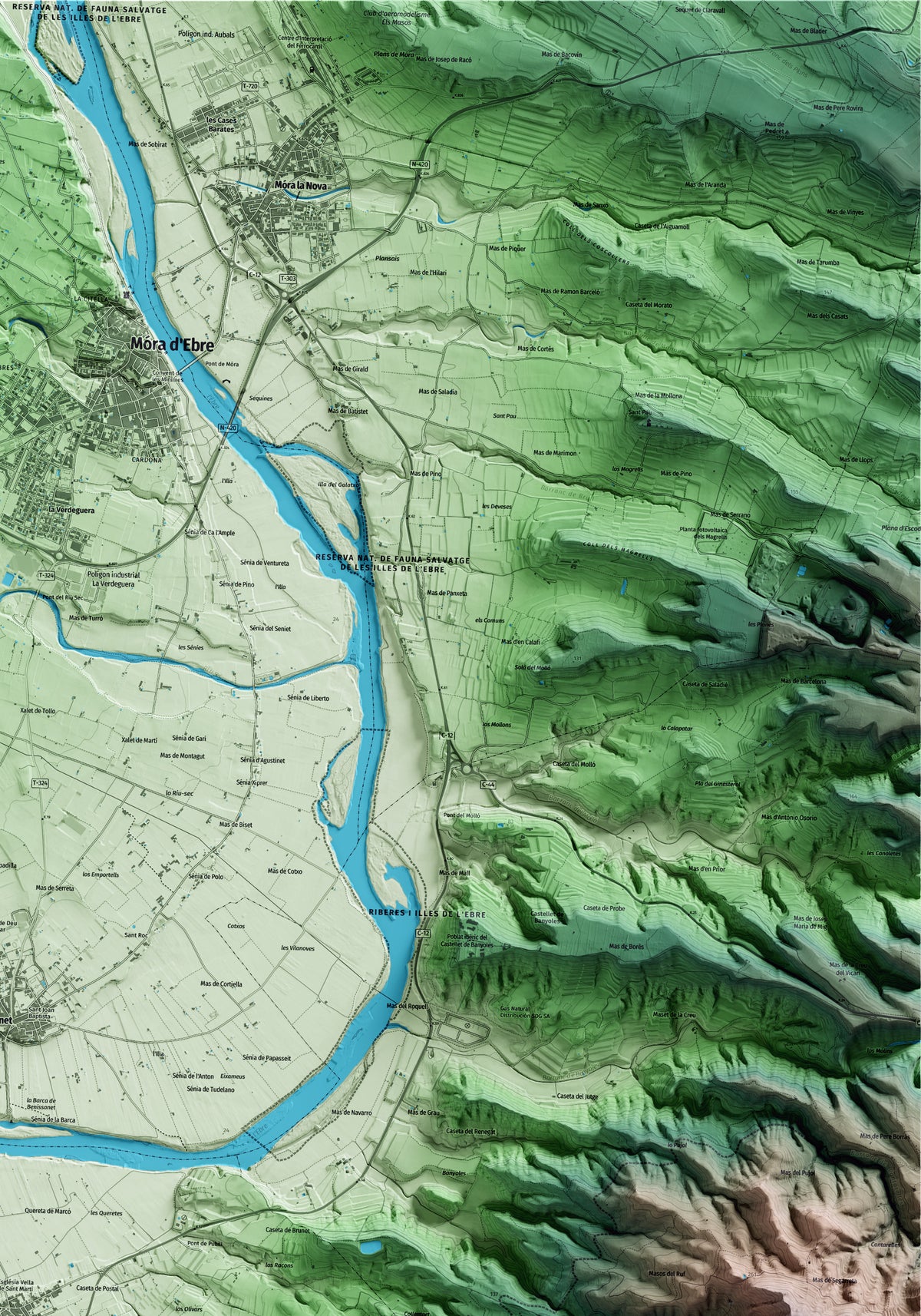 Mapa artístico del relieve de Ginestar, a la Ribera de Ebro, con 15 km de entorno y base topográfica ICGC. Detalle de la zona superior derecha.
