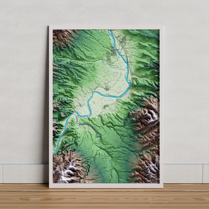 Mapa artístico del relieve de Ginestar, a la Ribera de Ebro, con 15 km de entorno y base topográfica ICGC. Presentación enmarcada.