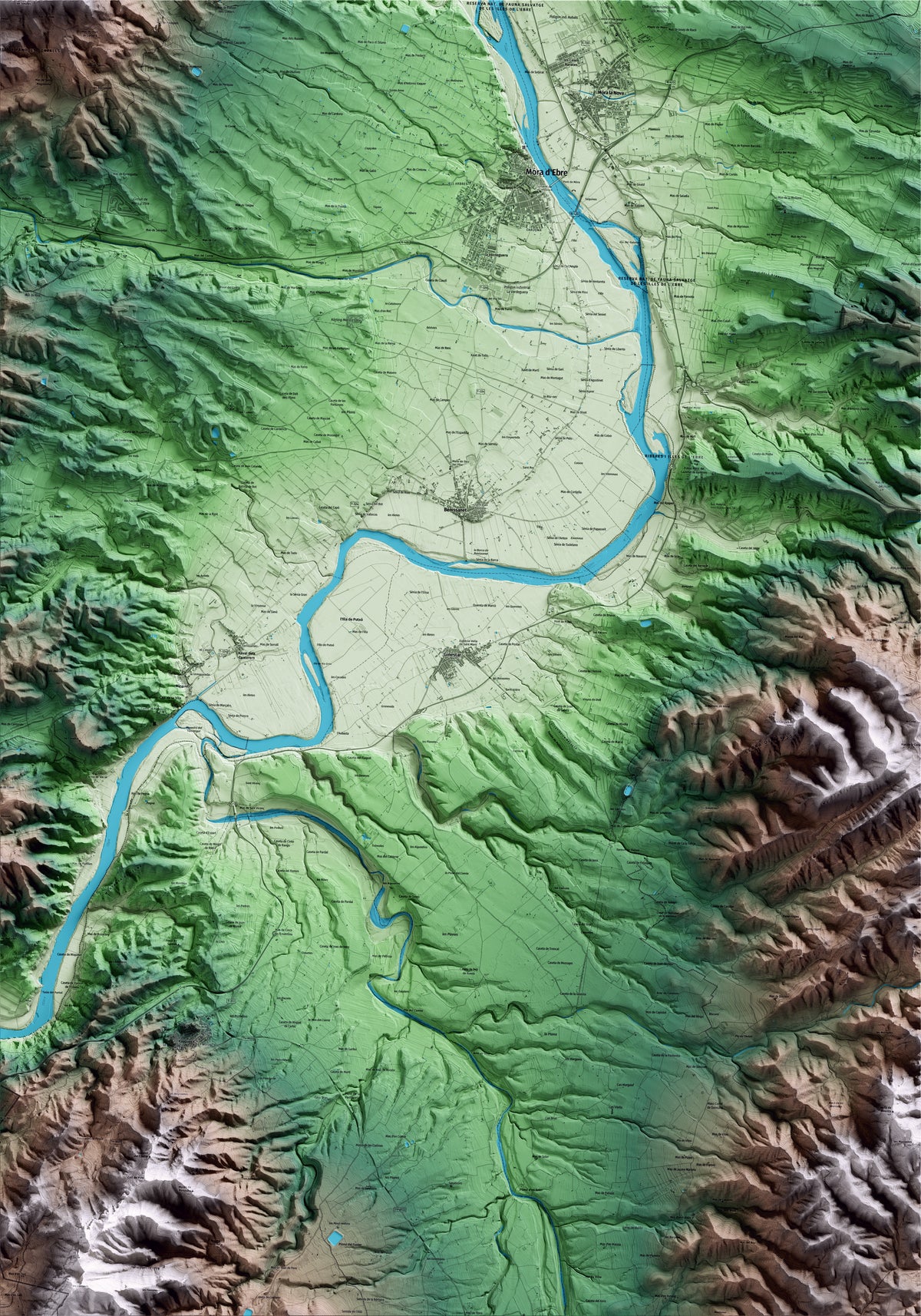 Mapa artístico del relieve de Ginestar, a la Ribera de Ebro, con 15 km de entorno y base topográfica ICGC