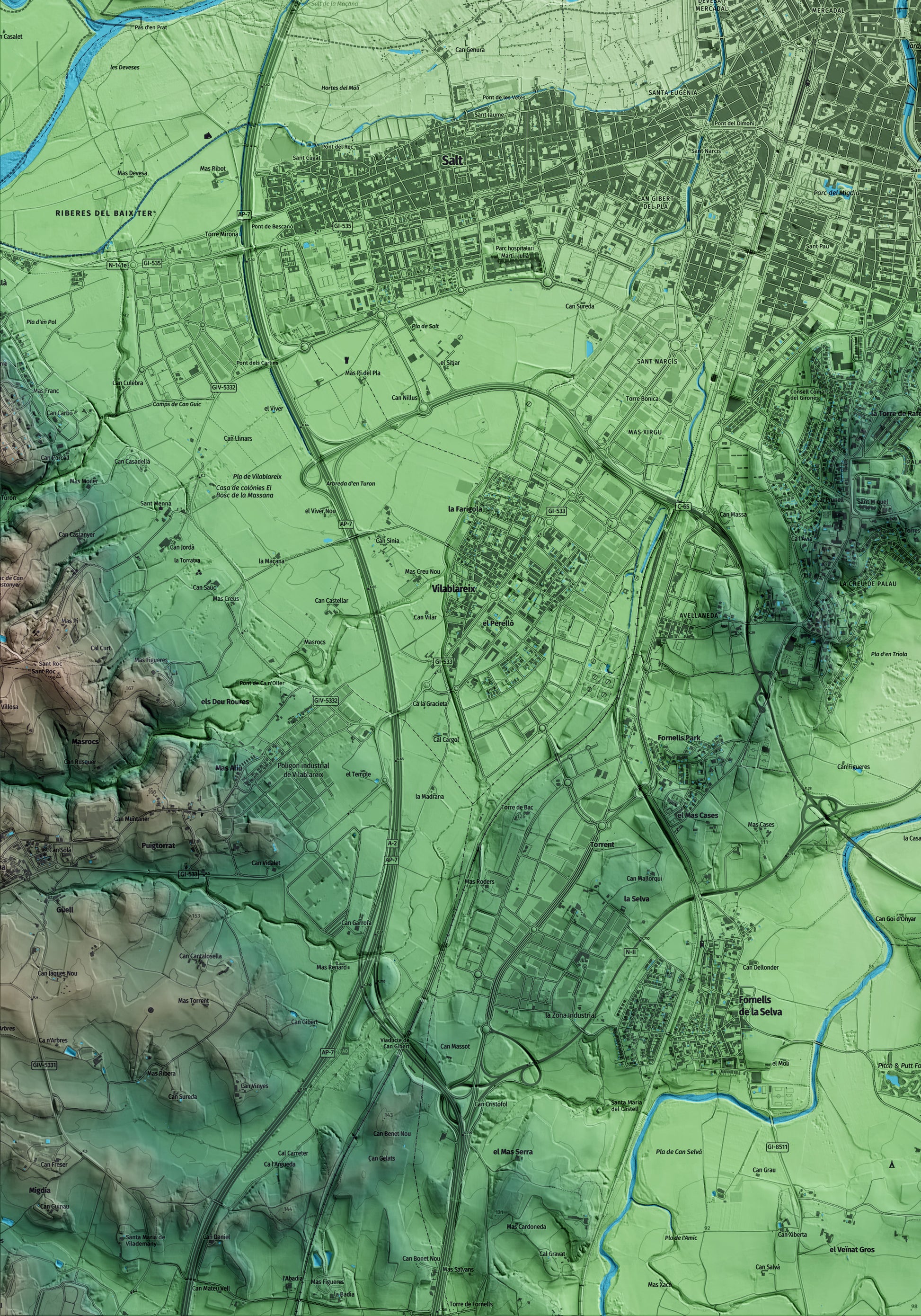 Mapa artístico del relieve de Girona, al Gironès, con 15 km de entorno y base topográfica ICGC. Detalle de la zona inferior izquierda.