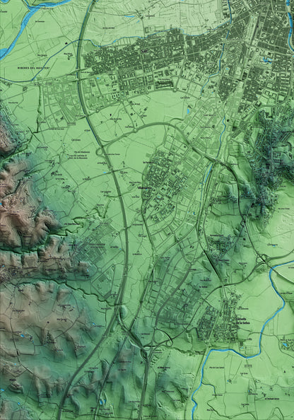 Mapa artístico del relieve de Girona, al Gironès, con 15 km de entorno y base topográfica ICGC. Detalle de la zona inferior izquierda.
