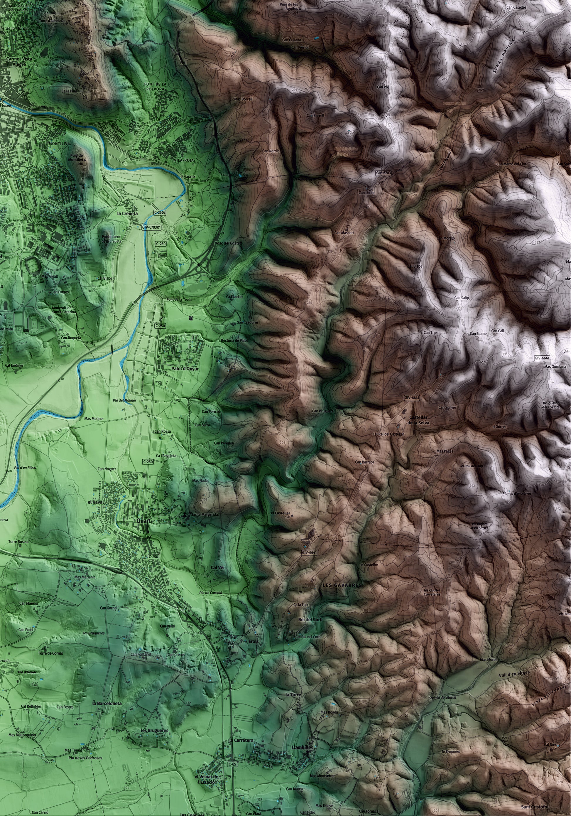 Mapa artístico del relieve de Girona, al Gironès, con 15 km de entorno y base topográfica ICGC. Detalle de la zona inferior derecha.