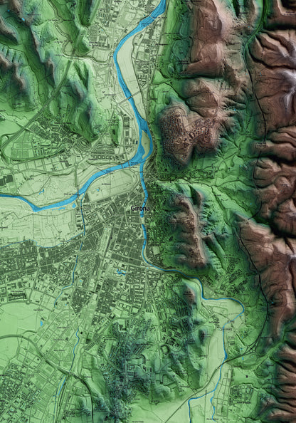 Mapa artístico del relieve de Girona, al Gironès, con 15 km de entorno y base topográfica ICGC. Detalle de la zona central.