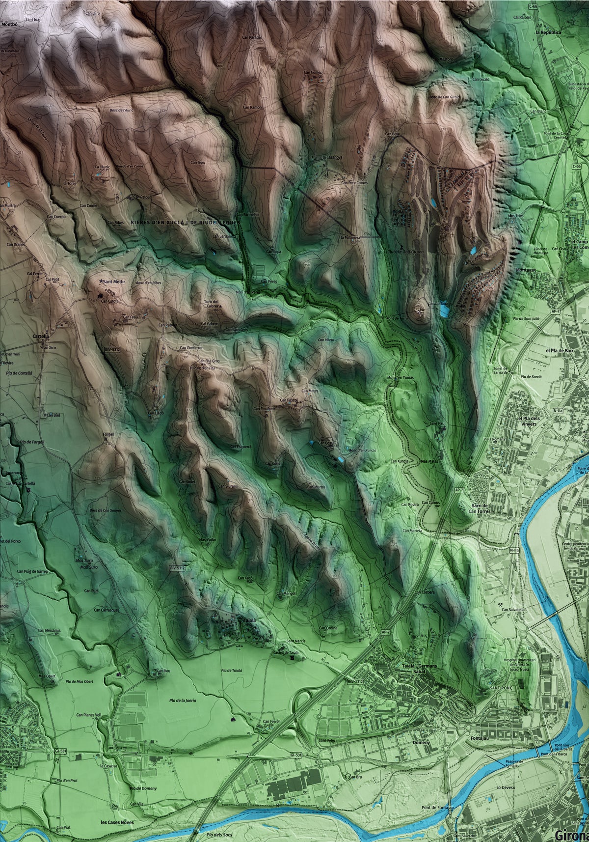 Mapa artístico del relieve de Girona, al Gironès, con 15 km de entorno y base topográfica ICGC. Detalle de la zona superior izquierda.