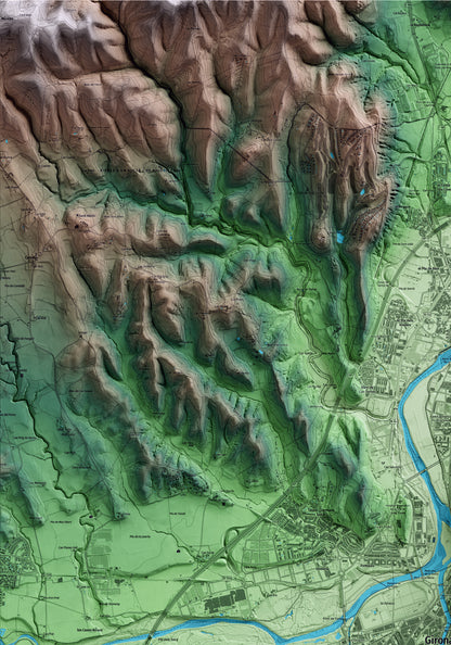 Mapa artístico del relieve de Girona, al Gironès, con 15 km de entorno y base topográfica ICGC. Detalle de la zona superior izquierda.