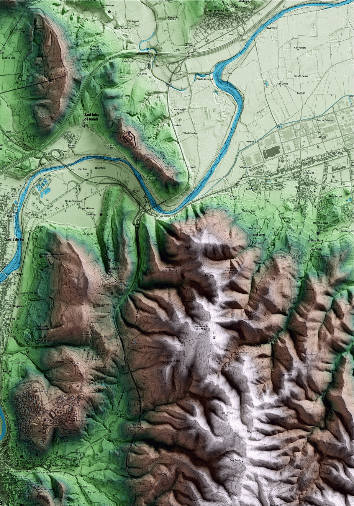 Mapa artístico del relieve de Girona, al Gironès, con 15 km de entorno y base topográfica ICGC. Detalle de la zona superior derecha.