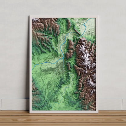 Mapa artístico del relieve de Girona, al Gironès, con 15 km de entorno y base topográfica ICGC. Presentación enmarcada.