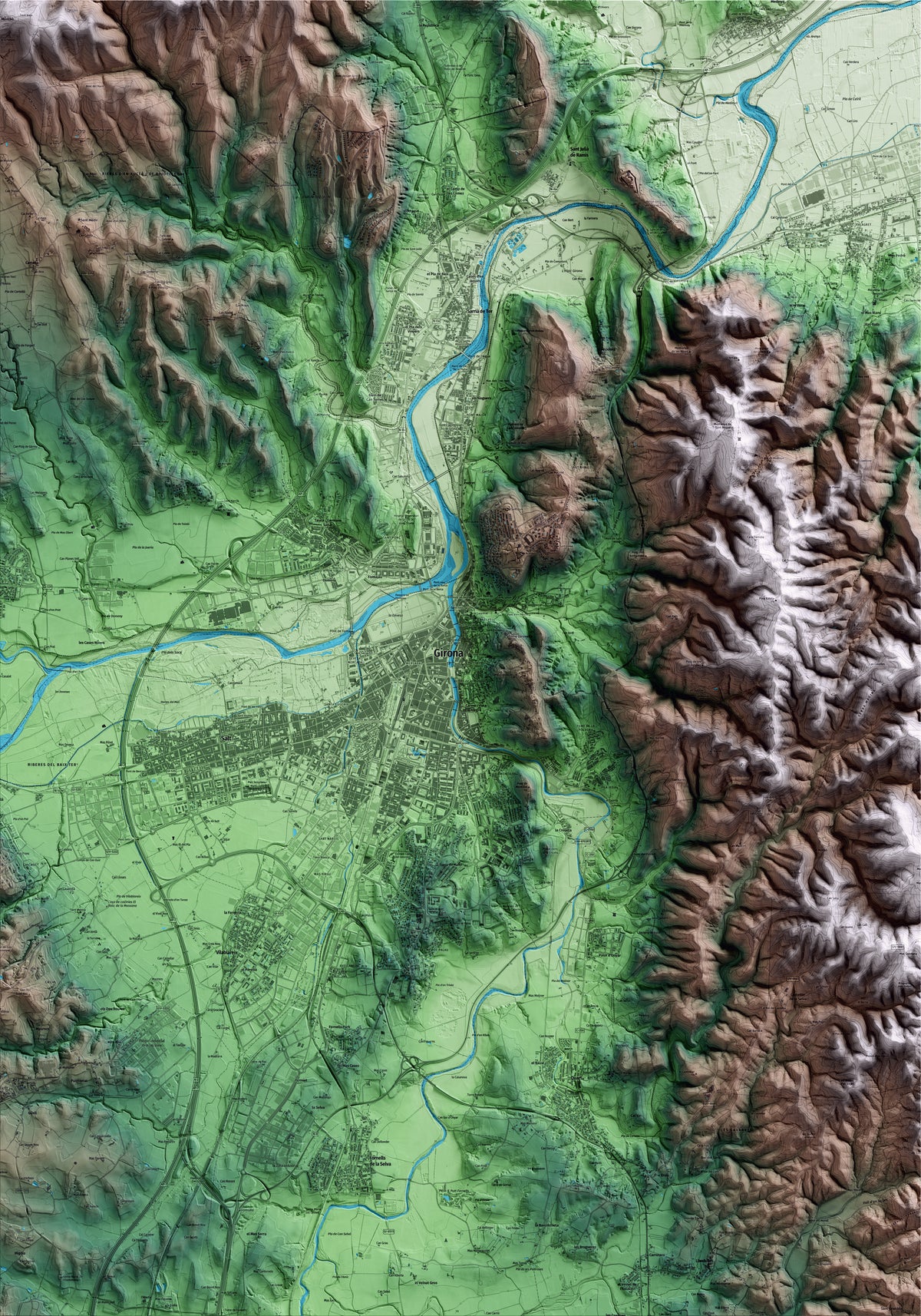 Mapa artístico del relieve de Girona, al Gironès, con 15 km de entorno y base topográfica ICGC