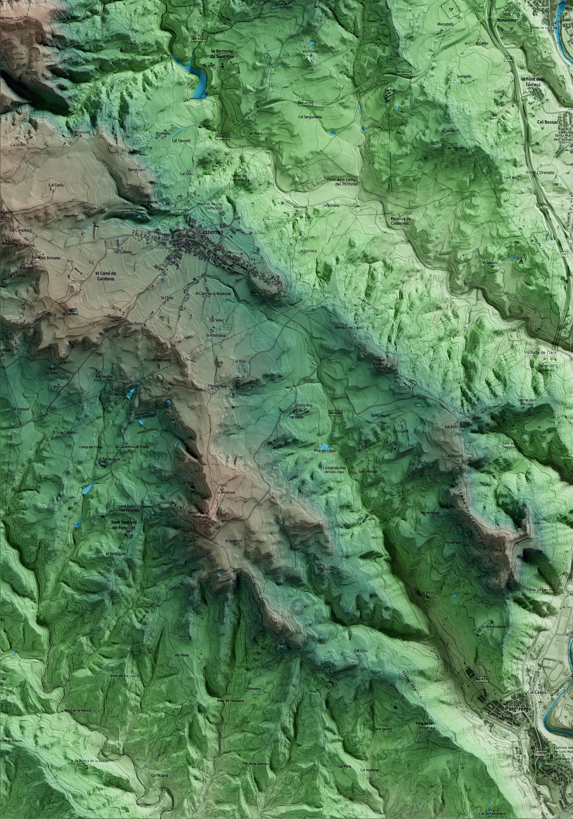 Mapa artístico del relieve de Gironella, al Berguedà, con 15 km de entorno y base topográfica ICGC. Detalle de la zona inferior izquierda.