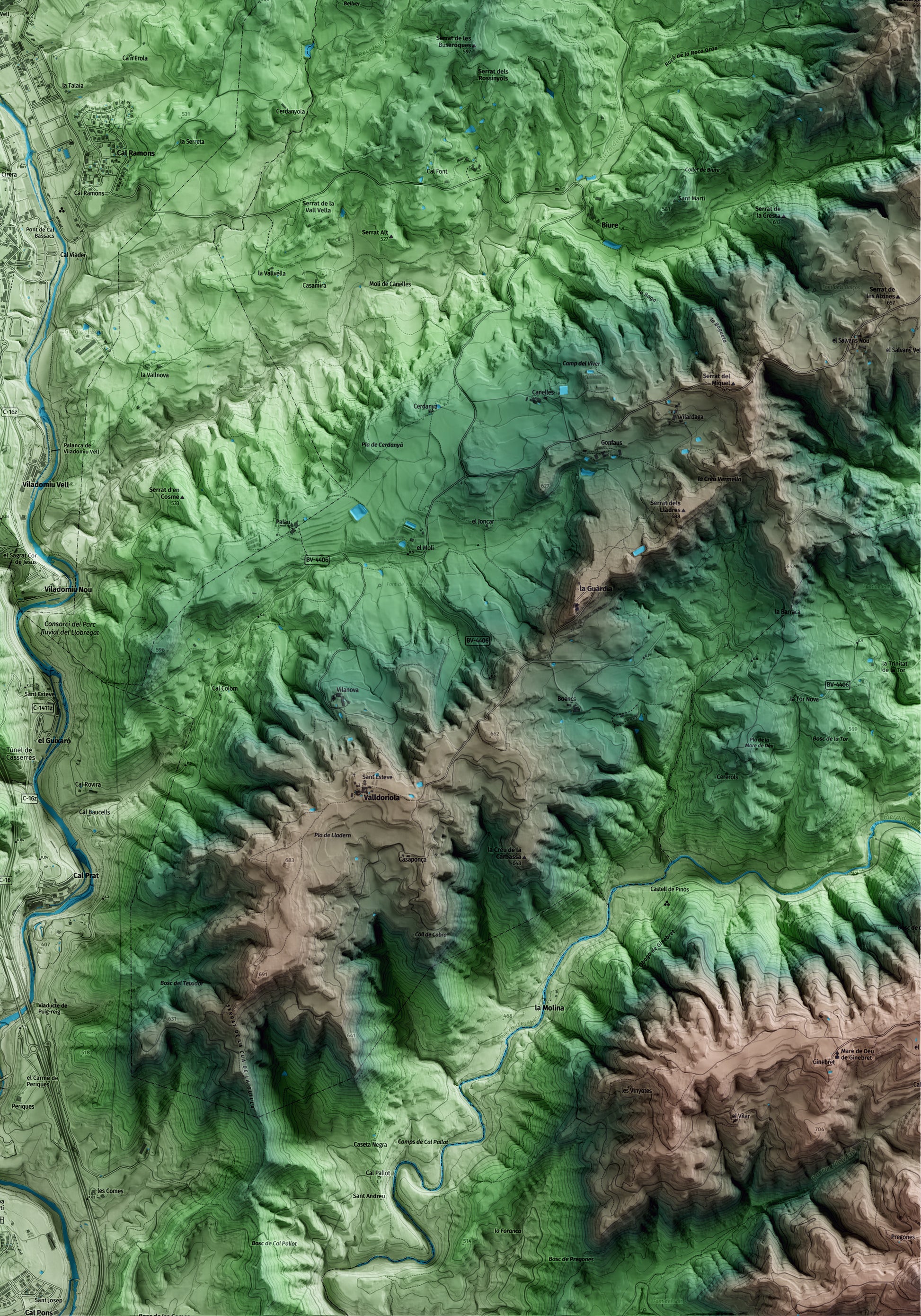 Mapa artístico del relieve de Gironella, al Berguedà, con 15 km de entorno y base topográfica ICGC. Detalle de la zona inferior derecha.