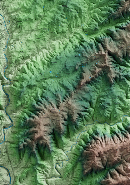 Mapa artístico del relieve de Gironella, al Berguedà, con 15 km de entorno y base topográfica ICGC. Detalle de la zona inferior derecha.