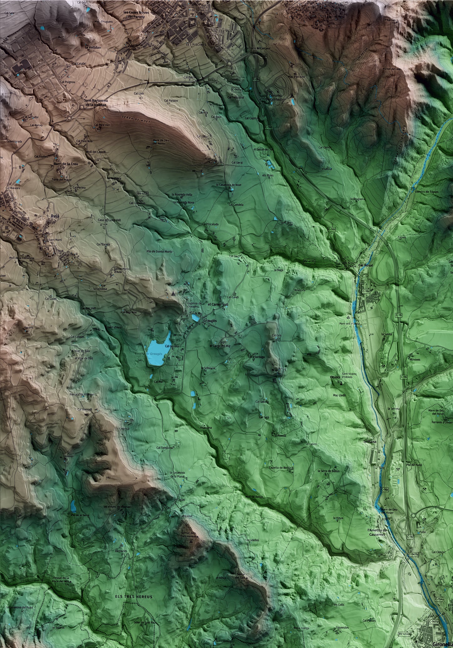 Mapa artístico del relieve de Gironella, al Berguedà, con 15 km de entorno y base topográfica ICGC. Detalle de la zona superior izquierda.