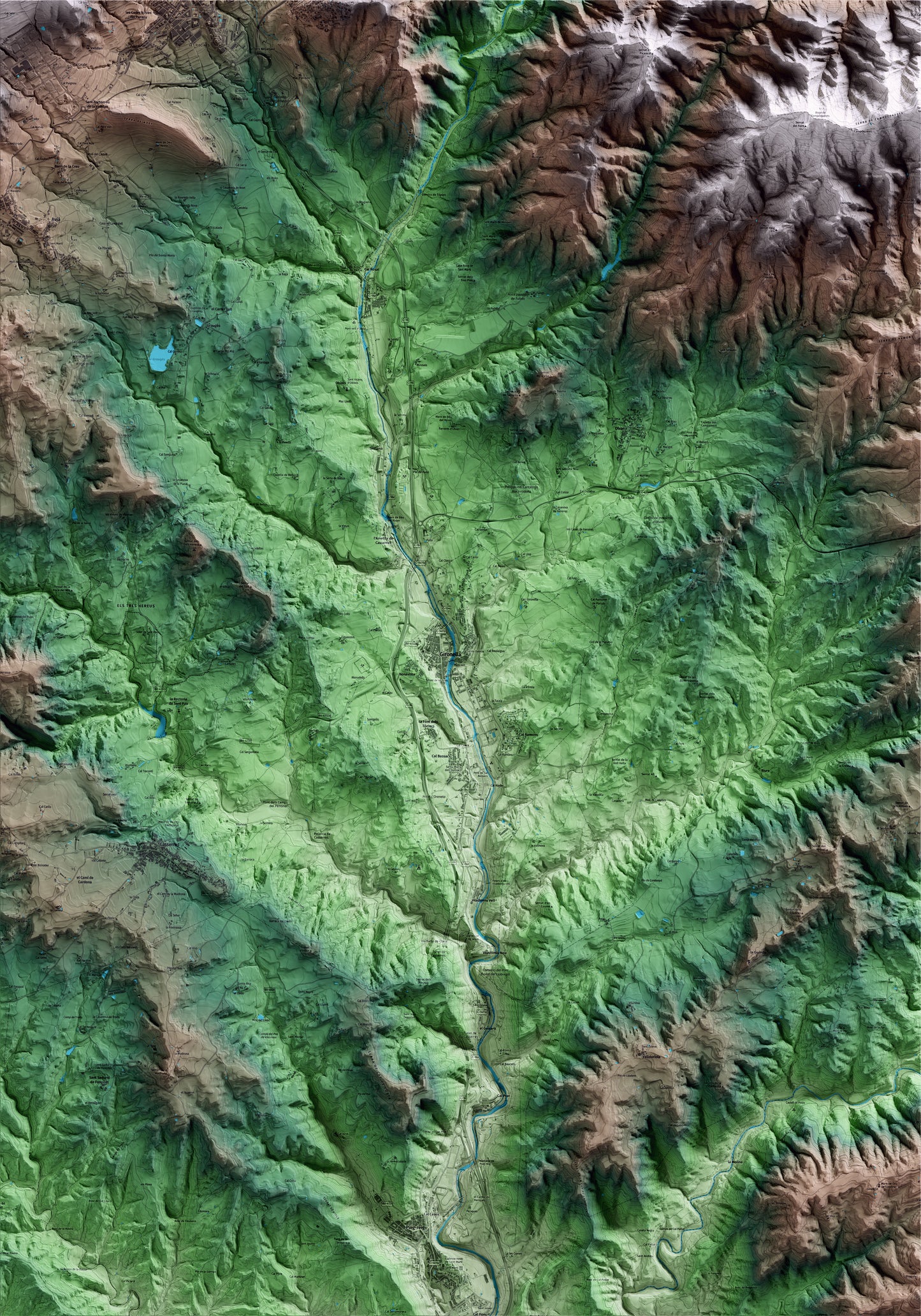 Mapa artístico del relieve de Gironella, al Berguedà, con 15 km de entorno y base topográfica ICGC