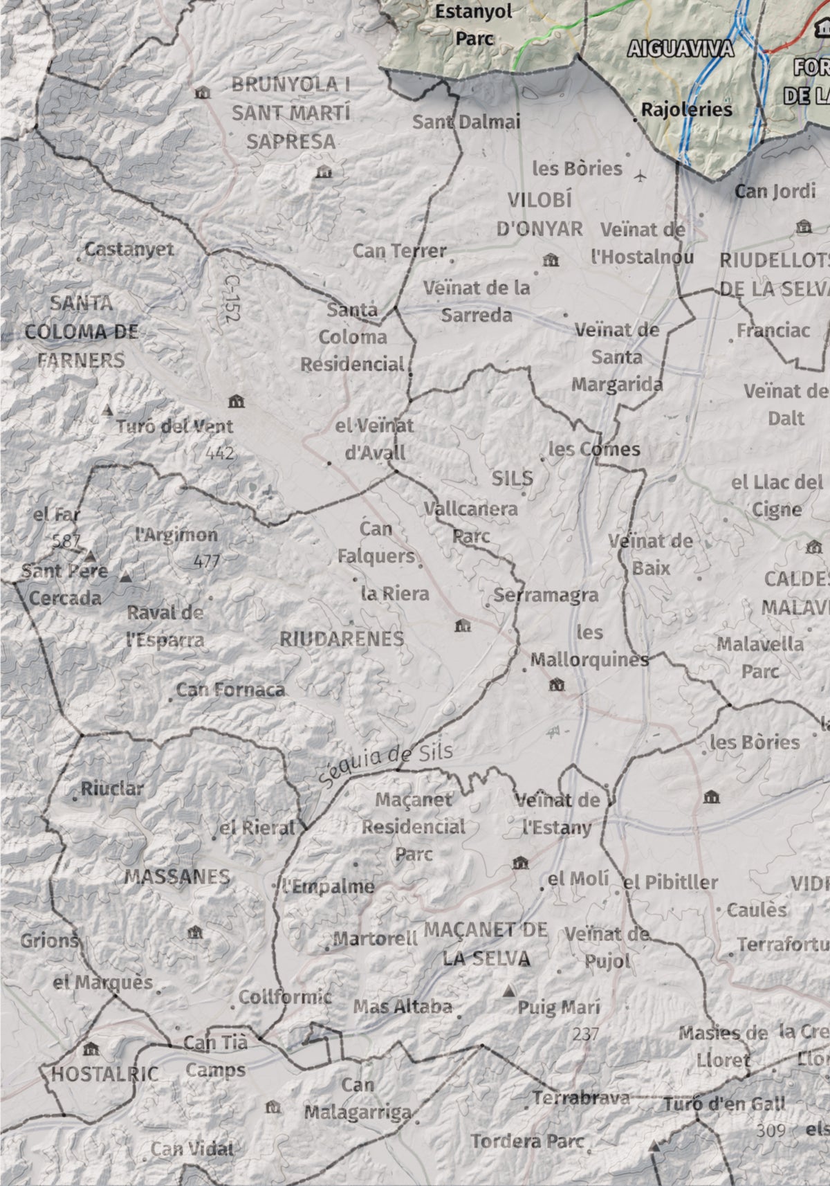 Mapa de relleu del Gironès, amb el territori en color i l’entorn en blanc. Detall de la part inferior esquerra. 21 × 30 cm. Estil Cartogràfic.