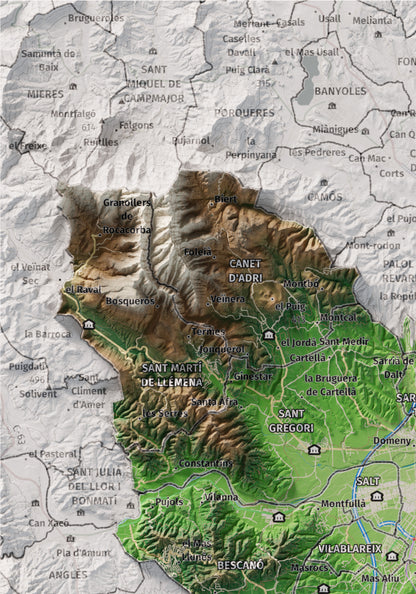 Mapa de relleu del Gironès, amb el territori en color i l’entorn en blanc. Detall de la part superior esquerra. 21 × 30 cm. Estil Clàssic.