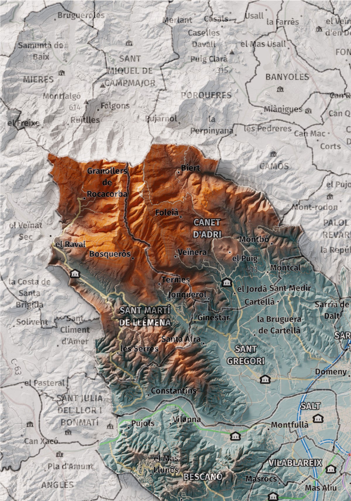 Mapa de relleu del Gironès, amb el territori en color i l’entorn en blanc. Detall de la part superior esquerra. 21 × 30 cm. Estil Blau i taronja.