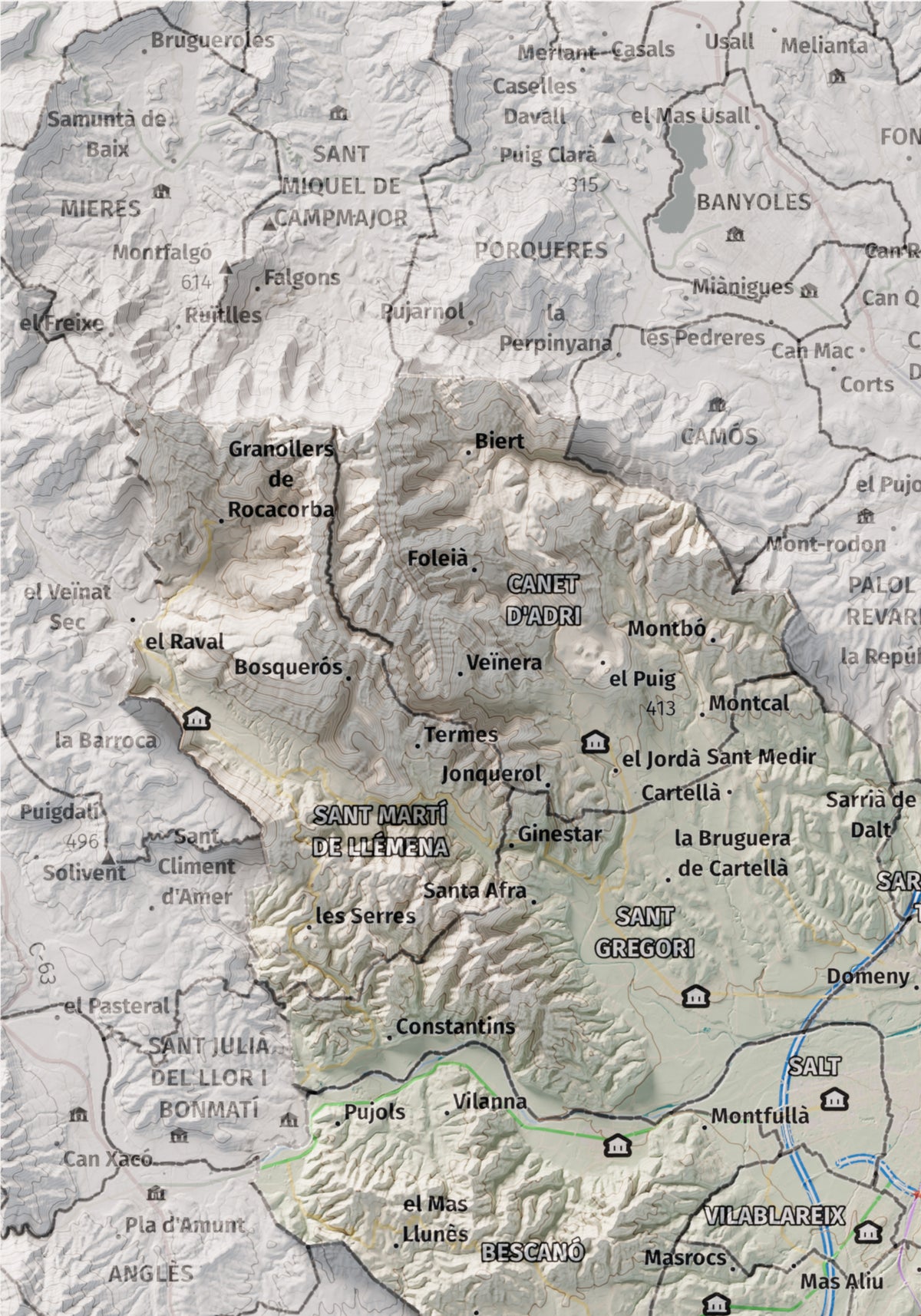 Mapa de relleu del Gironès, amb el territori en color i l’entorn en blanc. Detall de la part superior esquerra. 21 × 30 cm. Estil Cartogràfic.