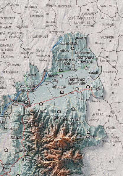 Mapa de relleu del Gironès, amb el territori en color i l’entorn en blanc. Detall de la part superior dreta. 21 × 30 cm. Estil Blau i taronja.