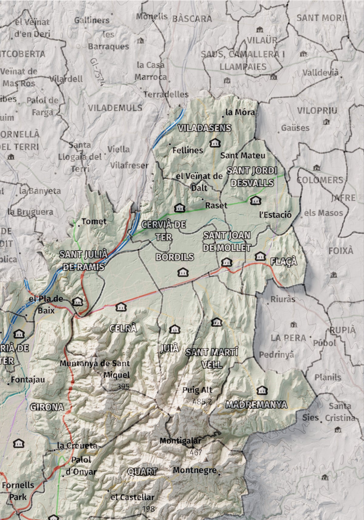 Mapa de relleu del Gironès, amb el territori en color i l’entorn en blanc. Detall de la part superior dreta. 21 × 30 cm. Estil Cartogràfic.
