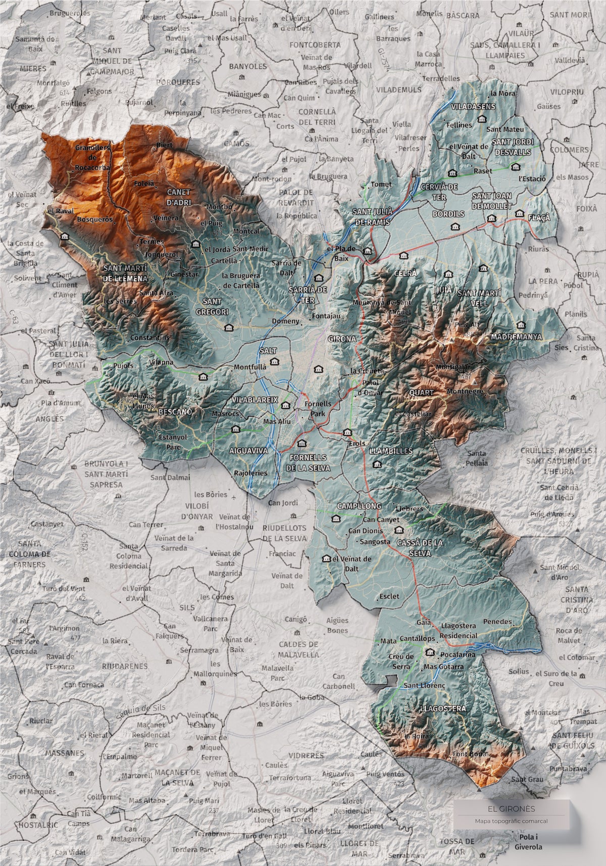 Mapa de relleu del Gironès, amb el territori en color i l’entorn en blanc. Vista completa de la làmina. 21 × 30 cm. Estil Blau i taronja.