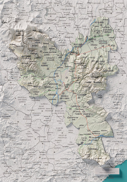 Mapa de relleu del Gironès, amb el territori en color i l’entorn en blanc. Vista completa de la làmina. 21 × 30 cm. Estil Cartogràfic.