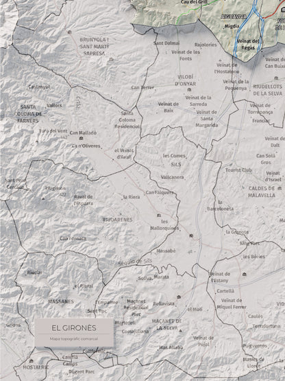 Mapa de relleu del Gironès, amb el territori en color i l’entorn en blanc. Detall de la part inferior esquerra. 30 × 40 cm. Estil Cartogràfic.
