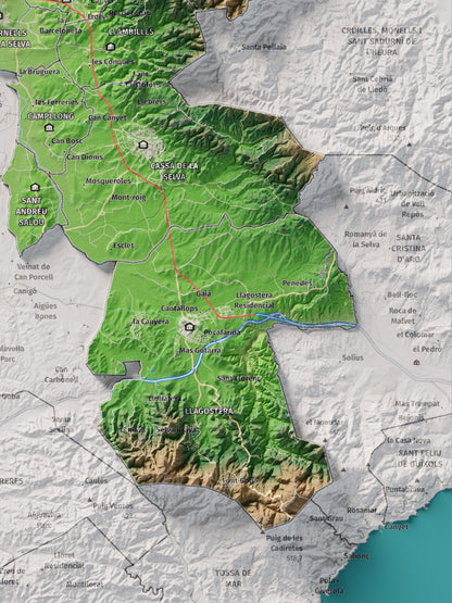 Mapa de relleu del Gironès, amb el territori en color i l’entorn en blanc. Detall de la part inferior dreta. 30 × 40 cm. Estil Clàssic.