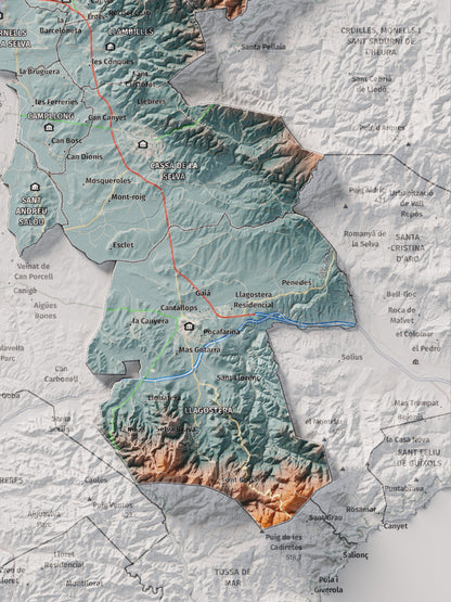 Mapa de relleu del Gironès, amb el territori en color i l’entorn en blanc. Detall de la part inferior dreta. 30 × 40 cm. Estil Blau i taronja.