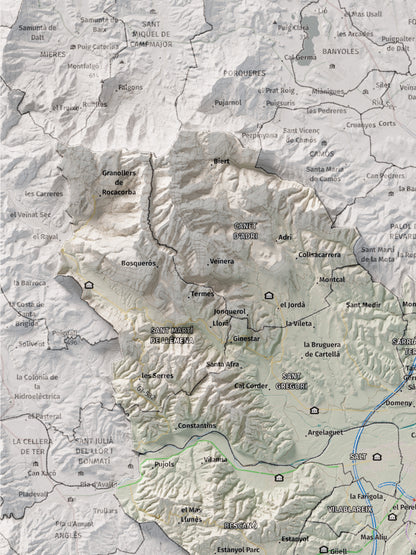 Mapa de relleu del Gironès, amb el territori en color i l’entorn en blanc. Detall de la part superior esquerra. 30 × 40 cm. Estil Cartogràfic.