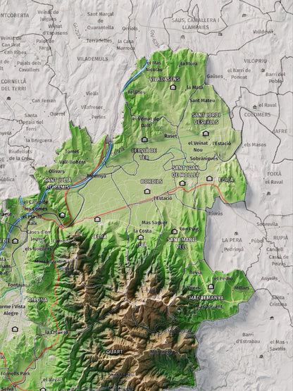 Mapa de relleu del Gironès, amb el territori en color i l’entorn en blanc. Detall de la part superior dreta. 30 × 40 cm. Estil Clàssic.