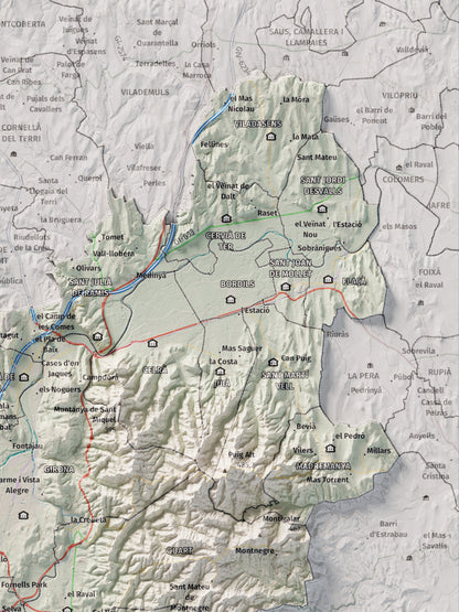 Mapa de relleu del Gironès, amb el territori en color i l’entorn en blanc. Detall de la part superior dreta. 30 × 40 cm. Estil Cartogràfic.