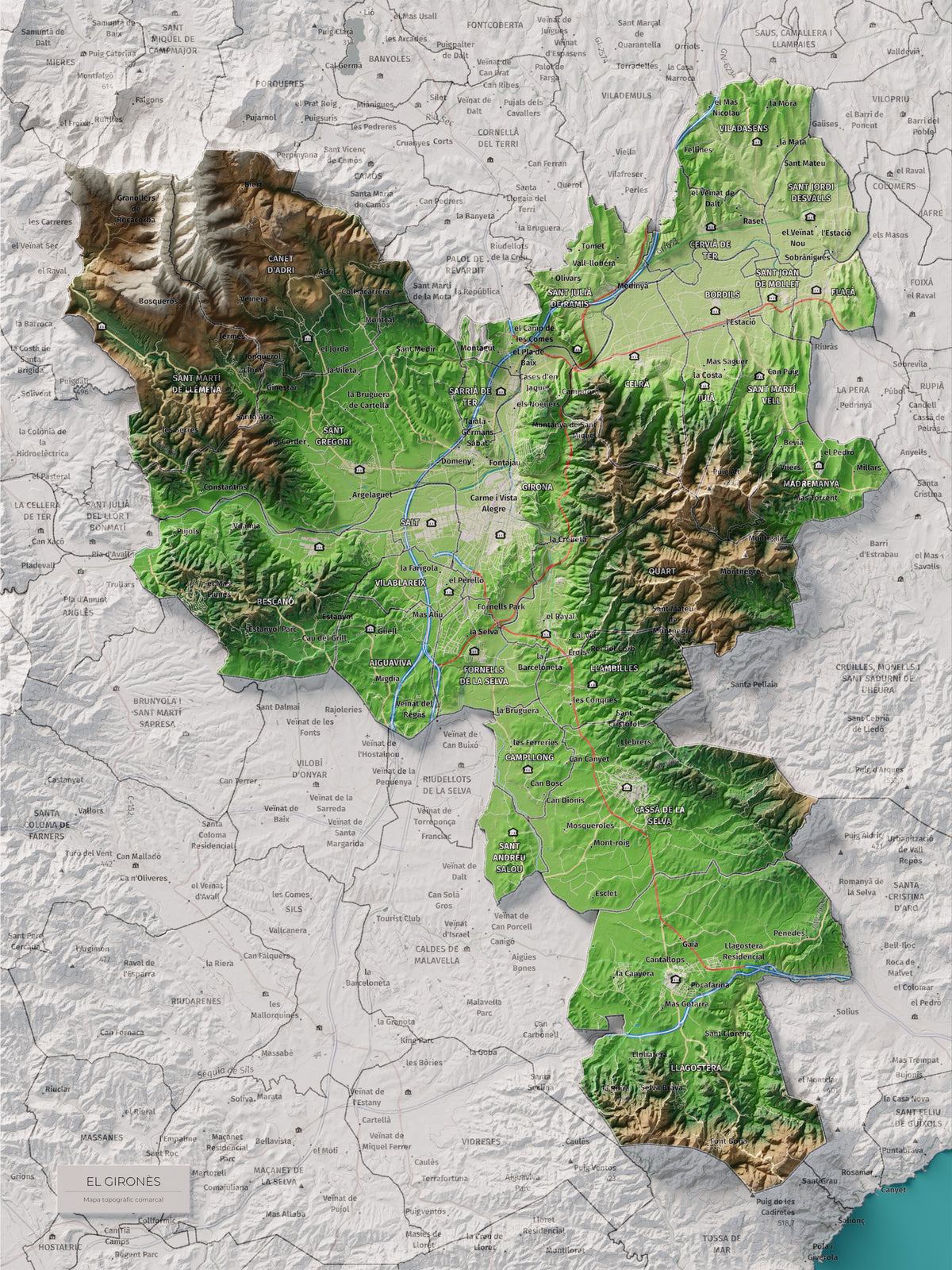 Mapa de relleu del Gironès, amb el territori en color i l’entorn en blanc. Vista completa de la làmina. 30 × 40 cm. Estil Clàssic.