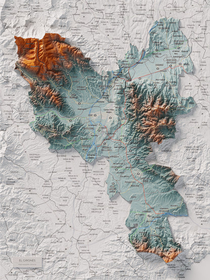 Mapa de relleu del Gironès, amb el territori en color i l’entorn en blanc. Vista completa de la làmina. 30 × 40 cm. Estil Blau i taronja.
