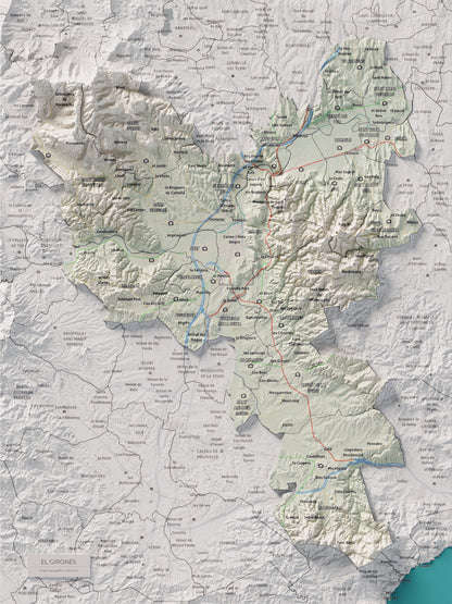 Mapa de relleu del Gironès, amb el territori en color i l’entorn en blanc. Vista completa de la làmina. 30 × 40 cm. Estil Cartogràfic.