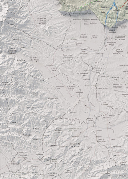 Mapa de relleu del Gironès, amb el territori en color i l’entorn en blanc. Detall de la part inferior esquerra. 50 × 70 cm. Estil Cartogràfic.