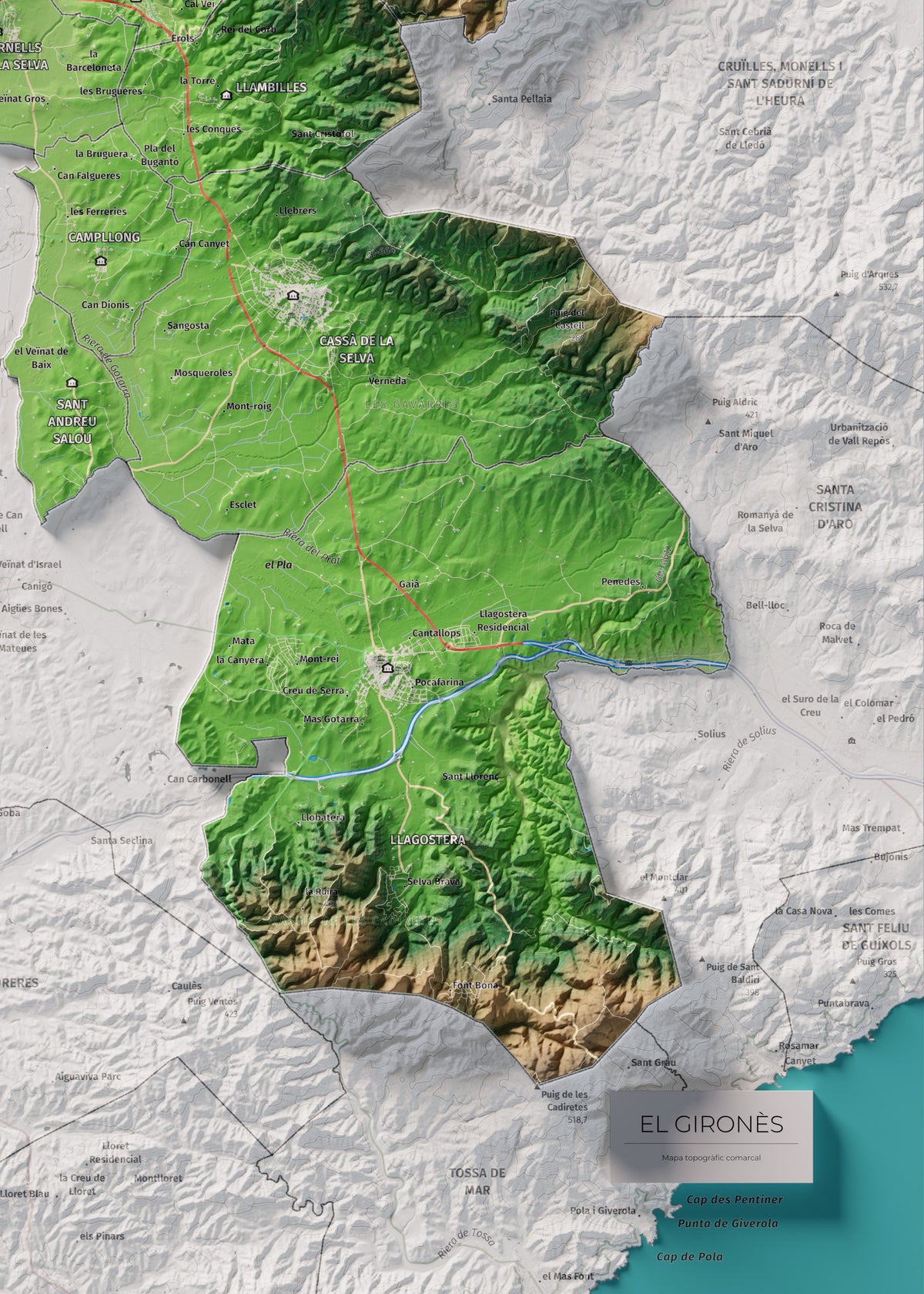 Mapa de relleu del Gironès, amb el territori en color i l’entorn en blanc. Detall de la part inferior dreta. 50 × 70 cm. Estil Clàssic.