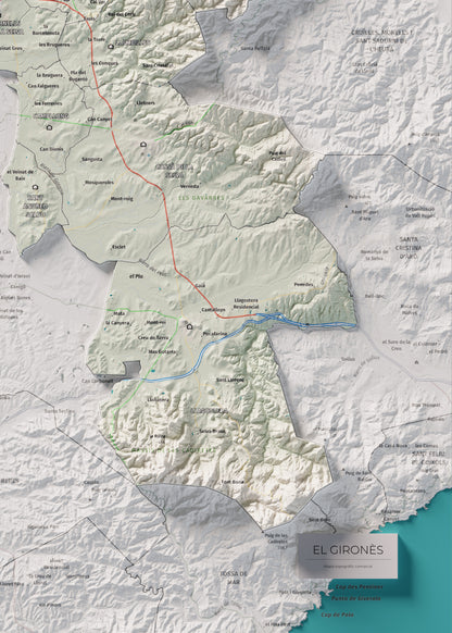 Mapa de relleu del Gironès, amb el territori en color i l’entorn en blanc. Detall de la part inferior dreta. 50 × 70 cm. Estil Cartogràfic.