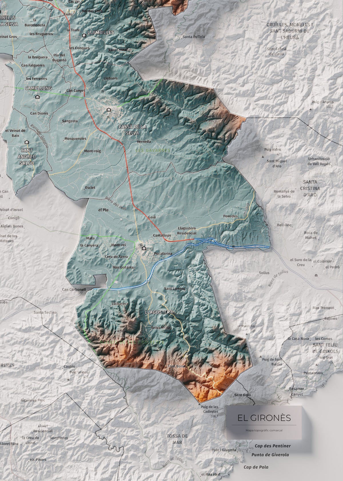 Mapa de relleu del Gironès, amb el territori en color i l’entorn en blanc. Detall de la part inferior dreta. 50 × 70 cm. Estil Blau i taronja.