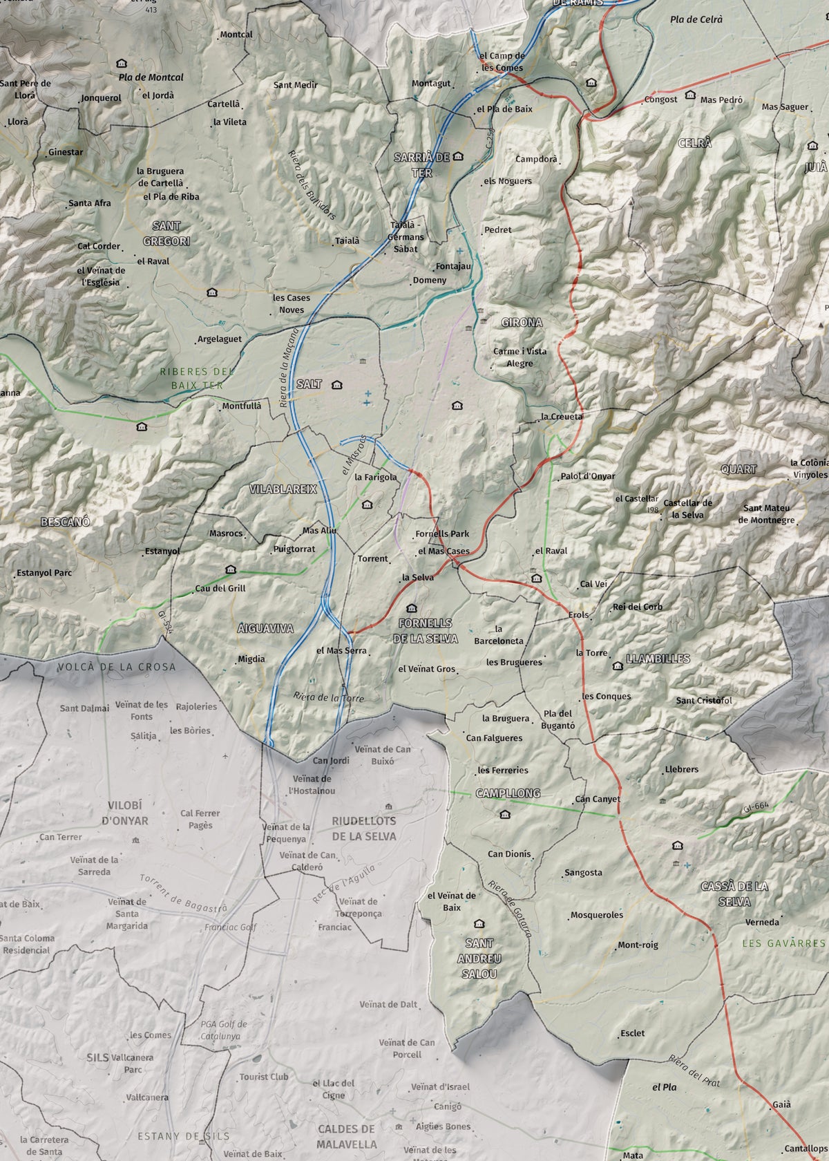 Mapa de relleu del Gironès, amb el territori en color i l’entorn en blanc. Detall de la part central. 50 × 70 cm. Estil Cartogràfic.
