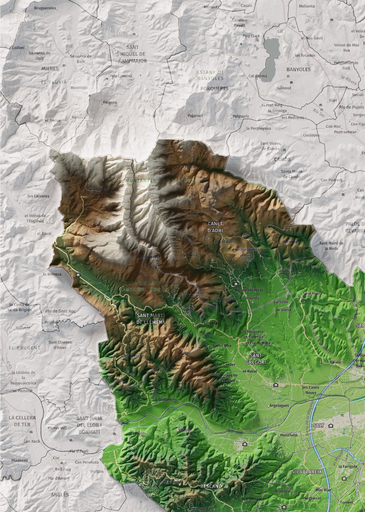 Mapa de relleu del Gironès, amb el territori en color i l’entorn en blanc. Detall de la part superior esquerra. 50 × 70 cm. Estil Clàssic.
