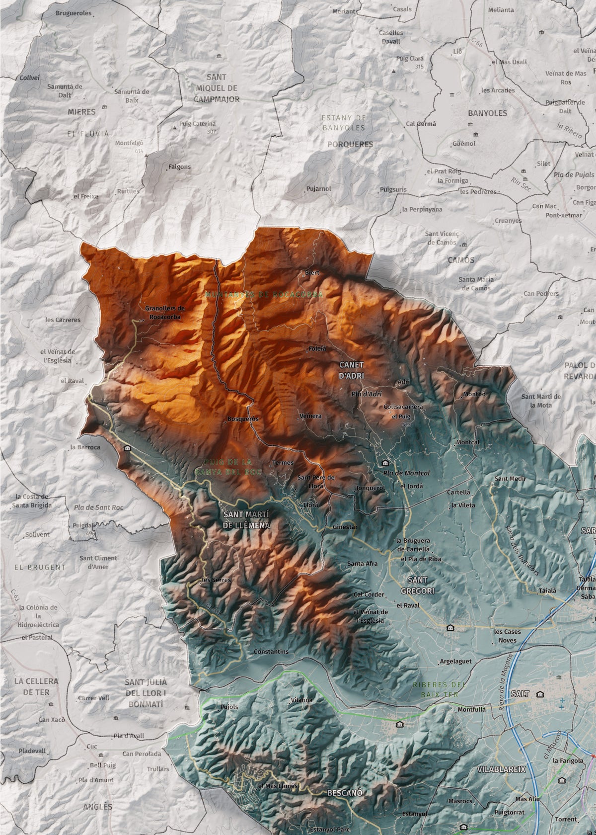 Mapa de relleu del Gironès, amb el territori en color i l’entorn en blanc. Detall de la part superior esquerra. 50 × 70 cm. Estil Blau i taronja.