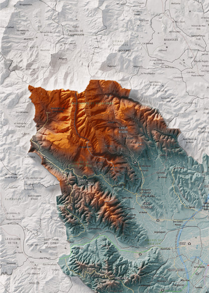 Mapa de relleu del Gironès, amb el territori en color i l’entorn en blanc. Detall de la part superior esquerra. 50 × 70 cm. Estil Blau i taronja.
