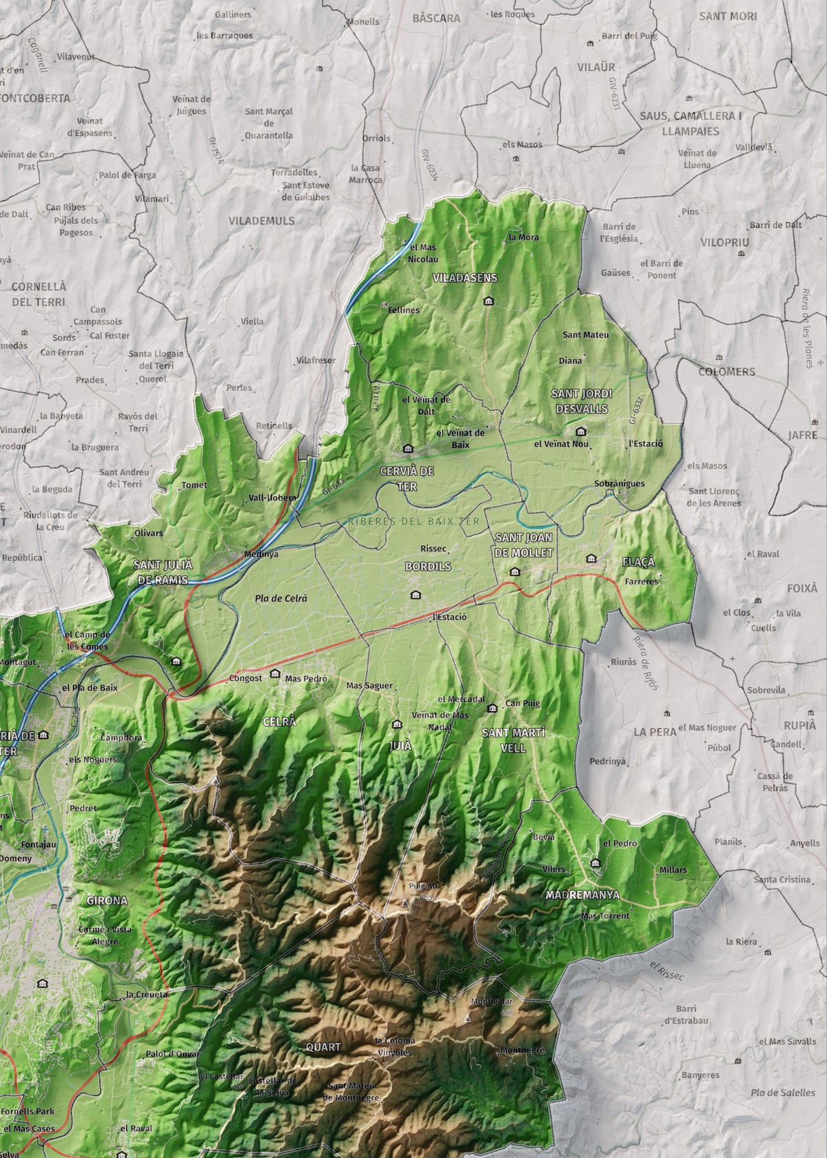 Mapa de relleu del Gironès, amb el territori en color i l’entorn en blanc. Detall de la part superior dreta. 50 × 70 cm. Estil Clàssic.