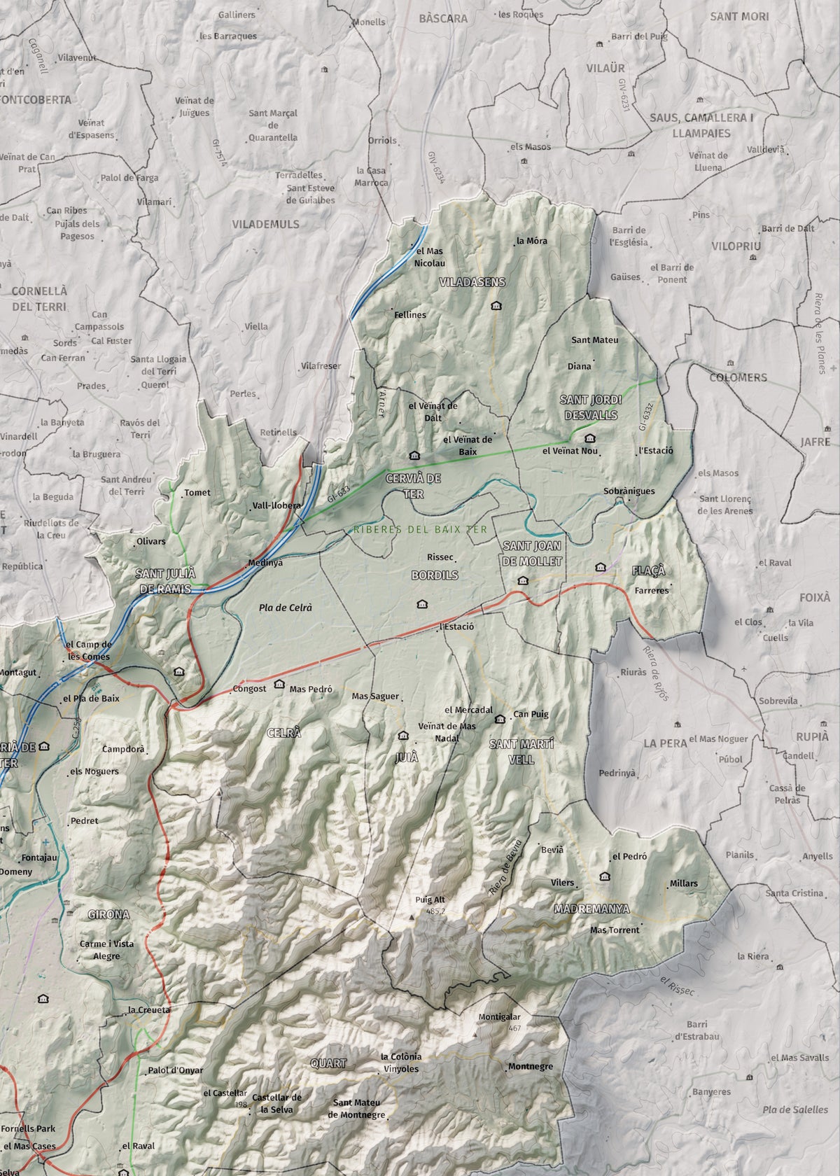 Mapa de relleu del Gironès, amb el territori en color i l’entorn en blanc. Detall de la part superior dreta. 50 × 70 cm. Estil Cartogràfic.