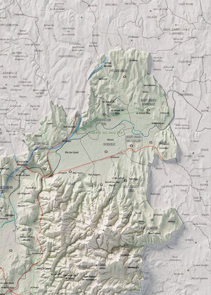 Mapa de relleu del Gironès, amb el territori en color i l’entorn en blanc. Detall de la part superior dreta. 50 × 70 cm. Estil Cartogràfic.