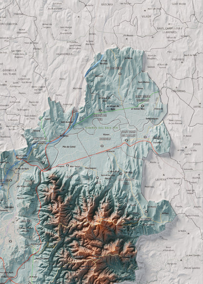 Mapa de relleu del Gironès, amb el territori en color i l’entorn en blanc. Detall de la part superior dreta. 50 × 70 cm. Estil Blau i taronja.